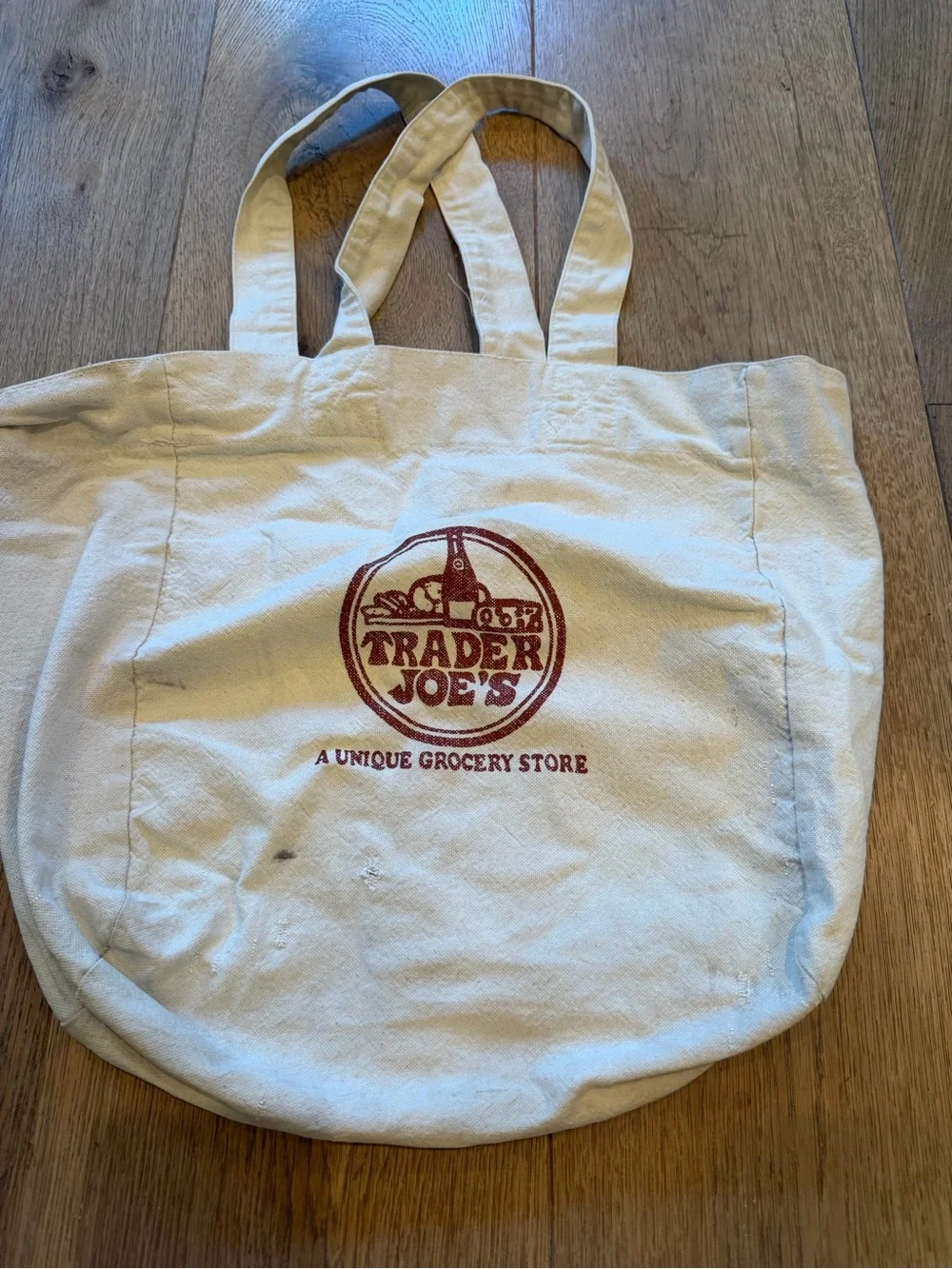 RARE OG Vintage Trader Joe's Canvas Tote Bag in Off-White with Burgundy Logo